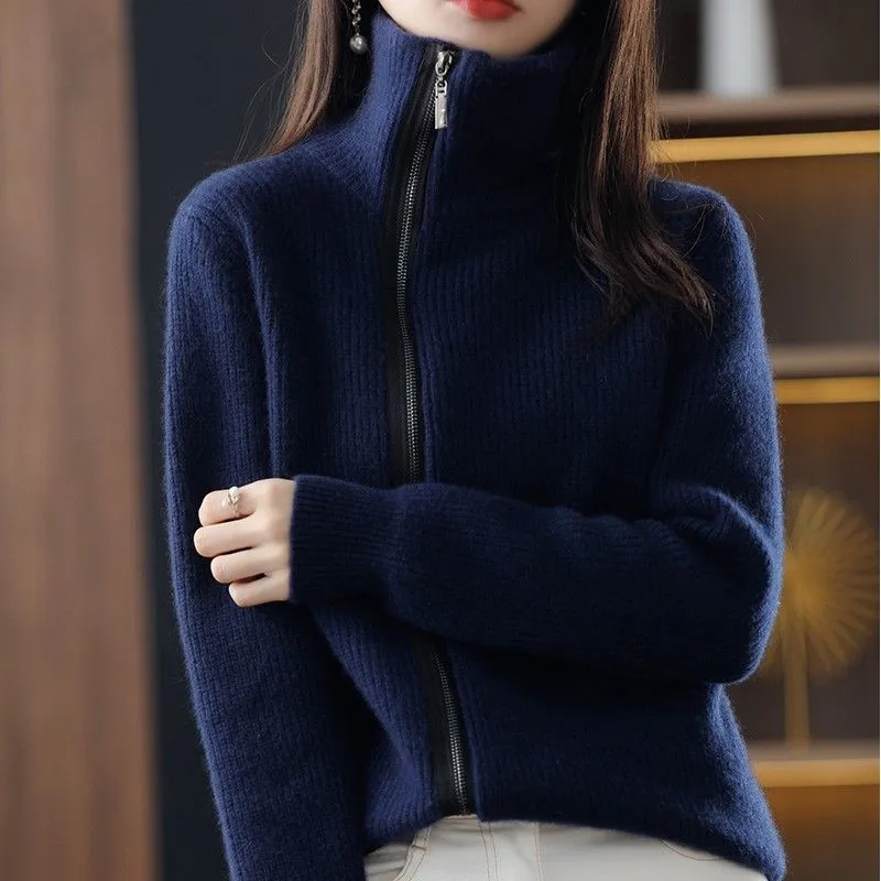 سترة نسائية محبوكة بسحّاب من Thiened سترة نسائية شتوية مفتوحة القمر Sle ملابس خارجية بياقة عالية سترة طويلة فضفاضة مناسبة