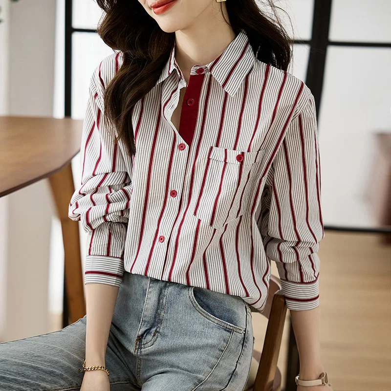 Spring Women Fashion Striped Pockets Shirts Fashion Simple All-match Top Chic Long Sleeve Loose Casual Shirt 2024