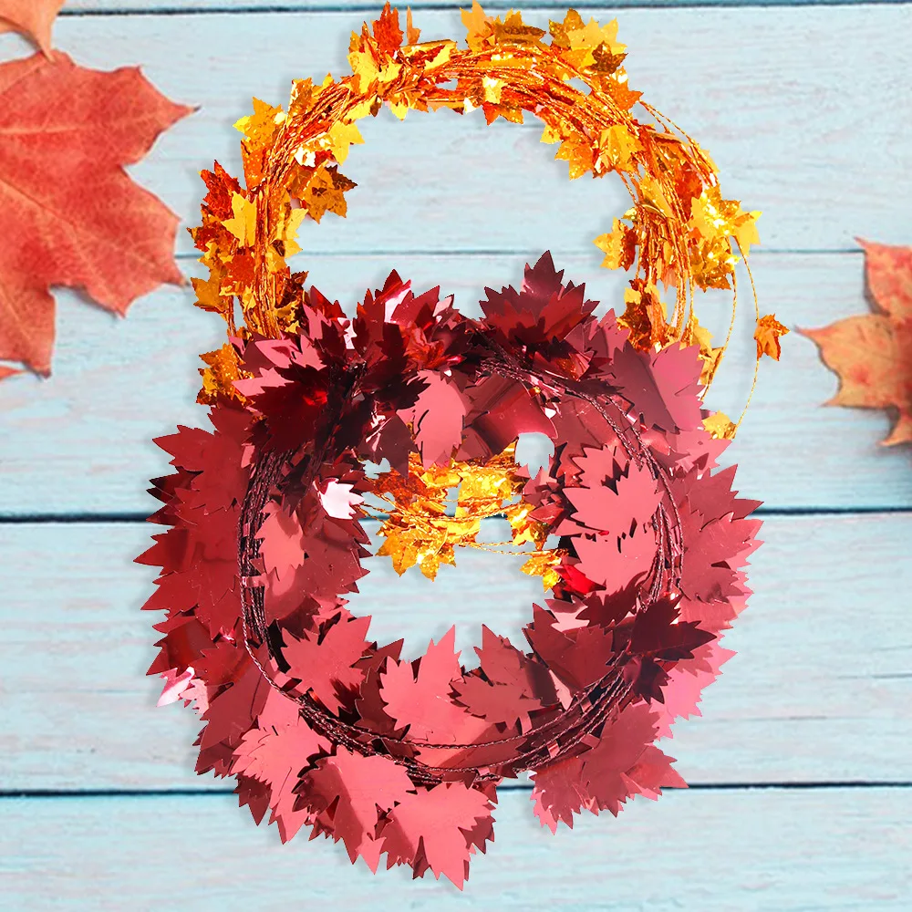 Thanksgiving Maple Leaf Wreath, Autumn Decoration, 7.5m Long Metal Wire Rattan, Stair Door Decorative Leaves