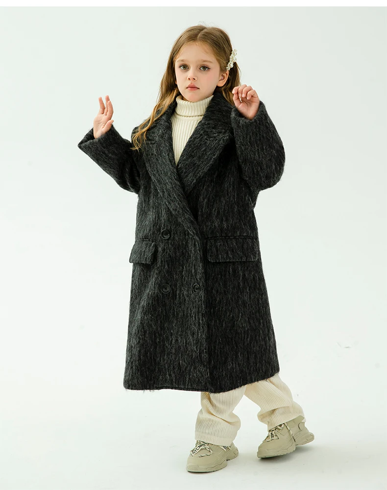 Children's Wool Coat Autumn Winter Girls Dark Grey Thick Warm Coat Long Outdoor Fashion Children's Wear Comfortable Static Free