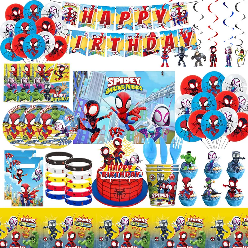 Spidey And Friends Birthday Party Decoration Kids Spidey Theme Tableware Set Plates Balloons Deco Happy Banner Supplies For Boy