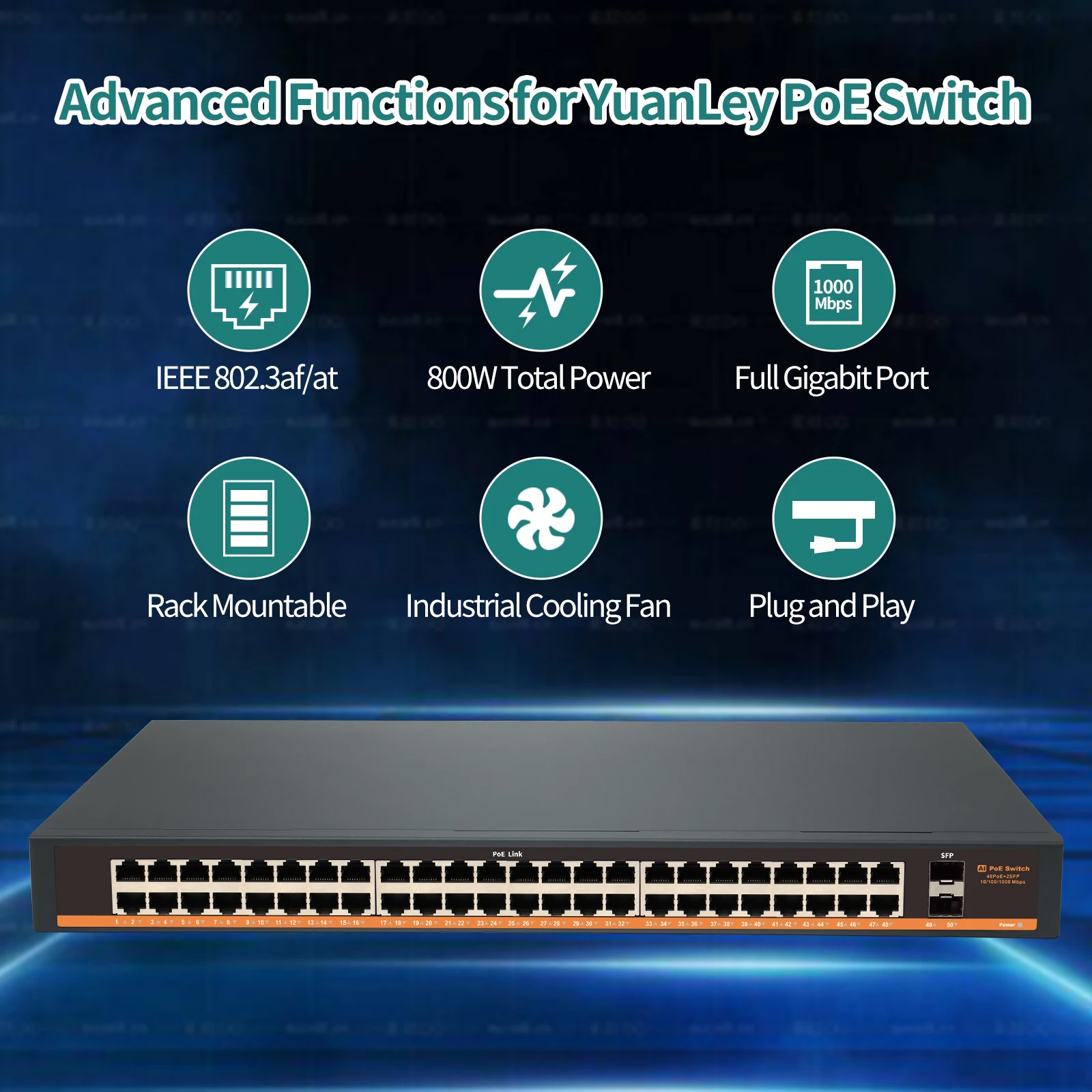 Gadinan-conmutador Gigabit PoE de 48 puertos, conmutador no gestionado IEEE802.3af/at PoE + 800W, 2x1G, SFP, alimentación de red sobre Ethernet, escritorio/Rackmount