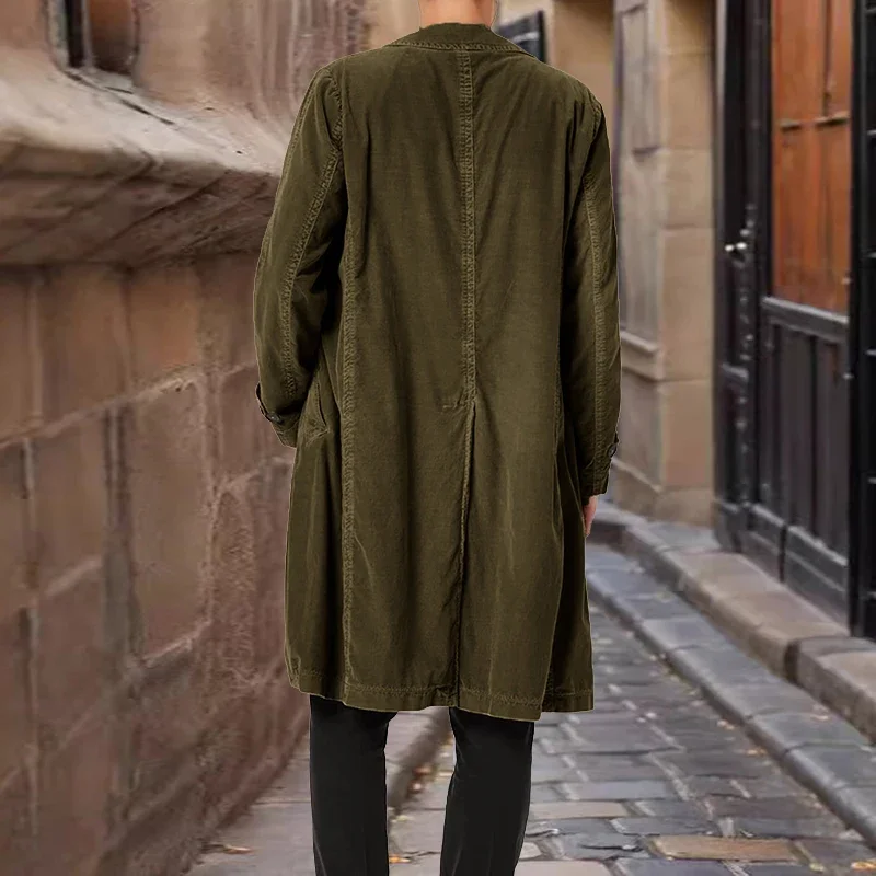 Inglaterra estilo sólido veludo trench coats masculino nova lapela único breasted outono outerwear manga longa meados de comprimento jaqueta de inverno dos homens