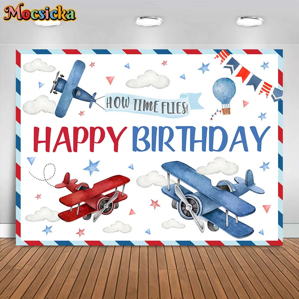 Mocsicka How Time Flies Baby Birthday Backdrop Airplane Hot Air Balloon Boys 1st Birthday Party Photo Background Decor Photocall