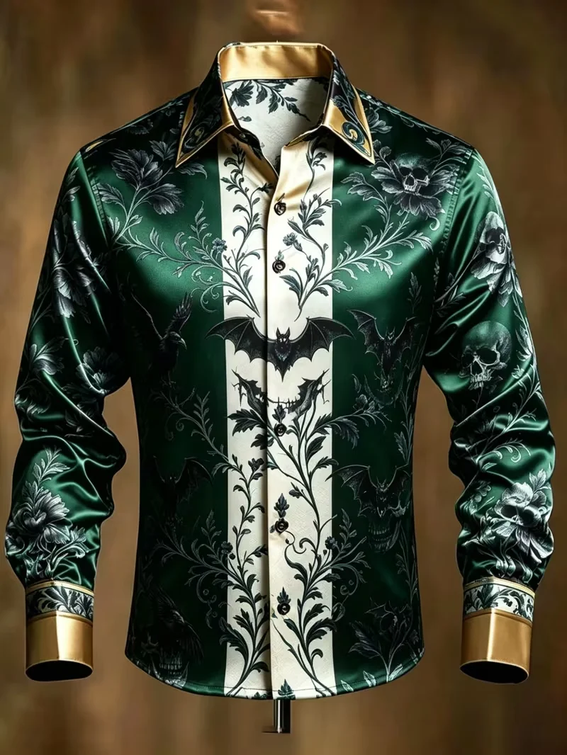 New Gilded Fine Vertical Stripe 3D Printed Long Sleeve Shirt Smooth High Gloss Satin Collar Men's Temperament Top