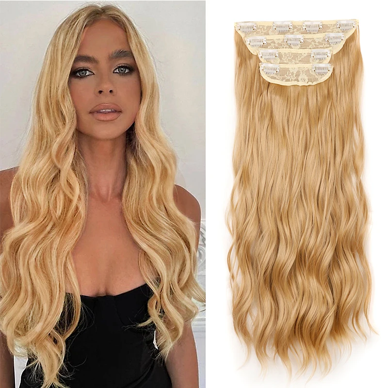 

4pcs/set 24inch Wavy Clip in Hair Extension Long Wavy Thick Hairpieces for Women Synthetic Blonde Black Mixed Color Hairpiece