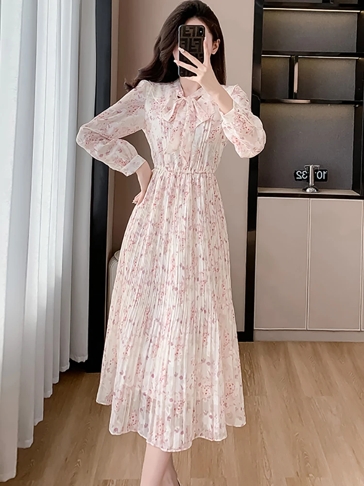 2026 Pink Floral Chiffon Casual Beach Long Dress Women Spring Elegant Chic Bow Y2k Dress Korean Fashion Bodycon Evening Dresses