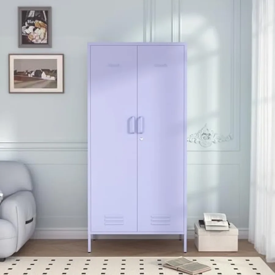Metal armoire wardrobe closet for bedroom, home, cloak room, gym, office; steel; purple; lockable with 2 doors, hanging rod and