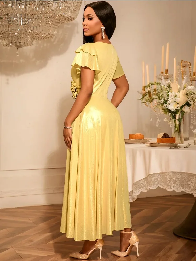 

Elegant V Neck Maxi Dress with Butterfly Sleeves 3D Floral Waist Side Slit for Weddings Galas - Graceful Style