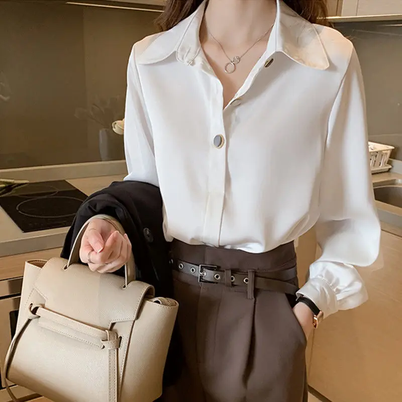 

Casual Spring Autumn Long Sleeve Blouse Korean Solid Color Basic Fashion Button Women's Clothing Commute Turn-down Collar Shirt