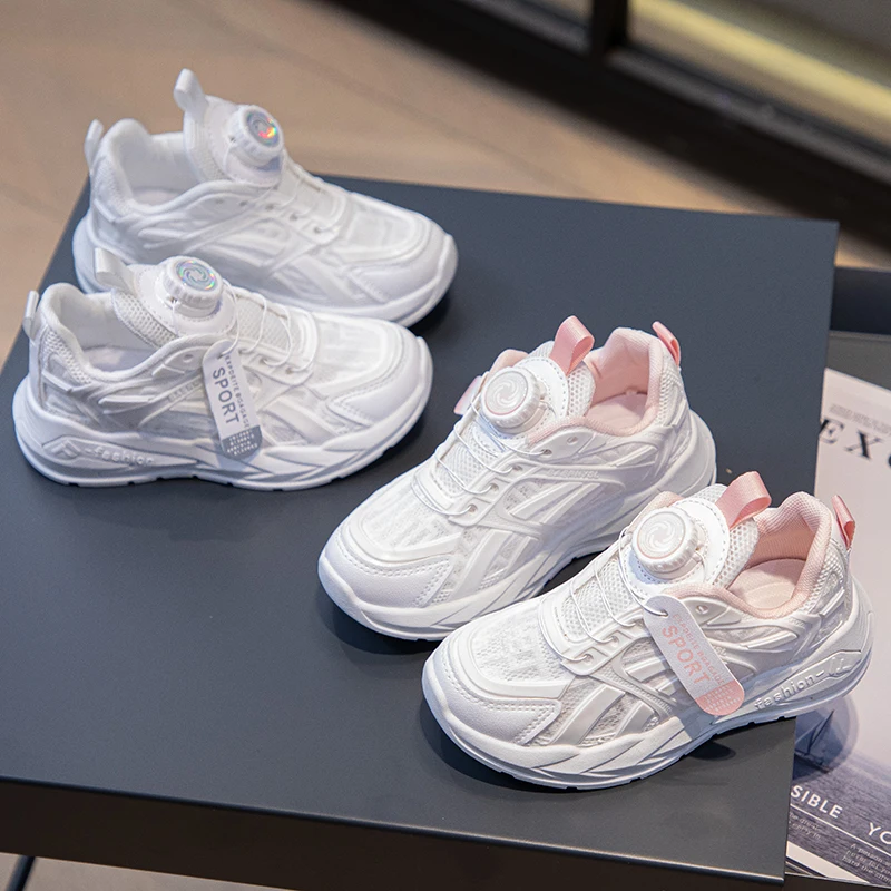 

2025 Students Running Shoes Thick Soft Sole Girls Sneakers Thick Soft Sole Fashion Children Sports Shoes Comfort Rotating Button