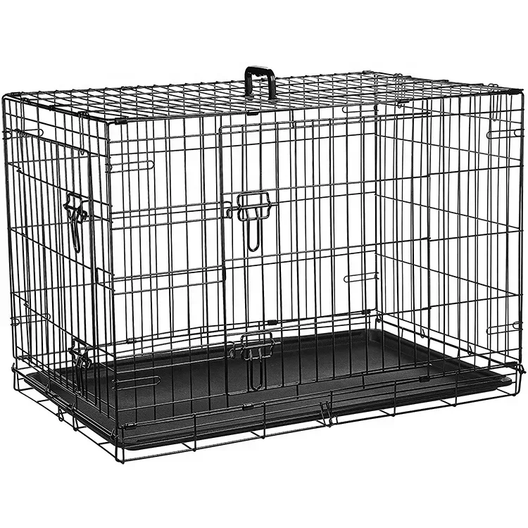 Dog Cage Black 24 Inch Double Door Wire Mesh Small and Medium Pet Rabbit Cat Cage Teddy Doggy Crate with Steel Buckle