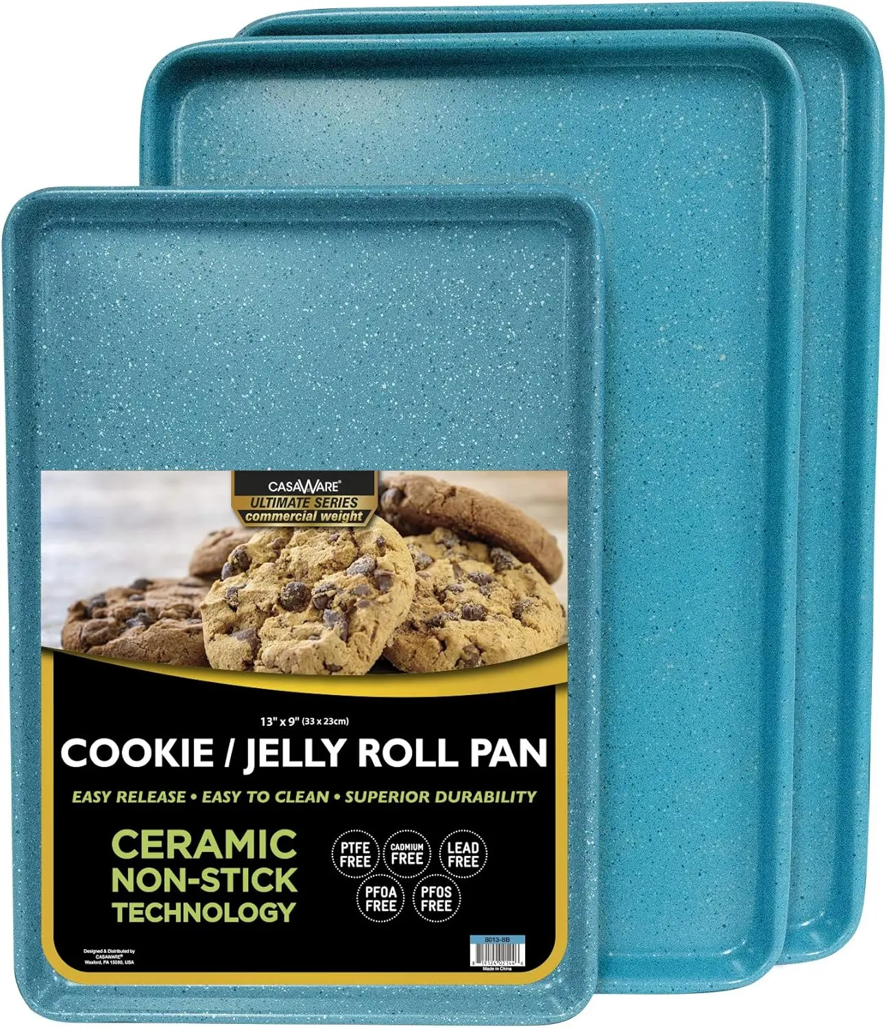 

3-Piece Commercial Weight Cookie Sheet Set, Blue Granite Ceramic Coated, Non-Stick Baking Pans for Easy Cleaning