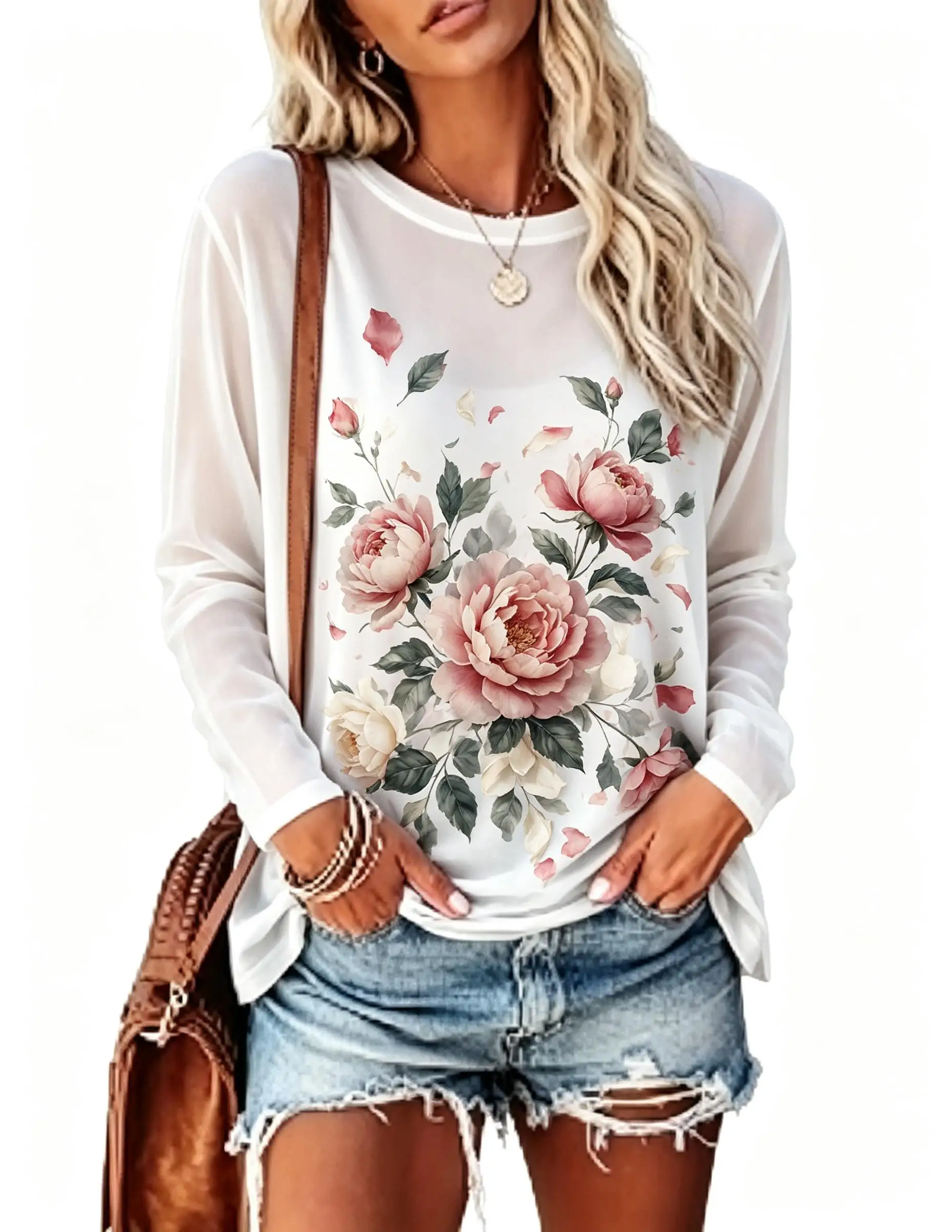 Women Long Sleeve T‑Shirt Vintage Pink Rose Flower Bouquet Floral Print Crew Neck Casual Tops