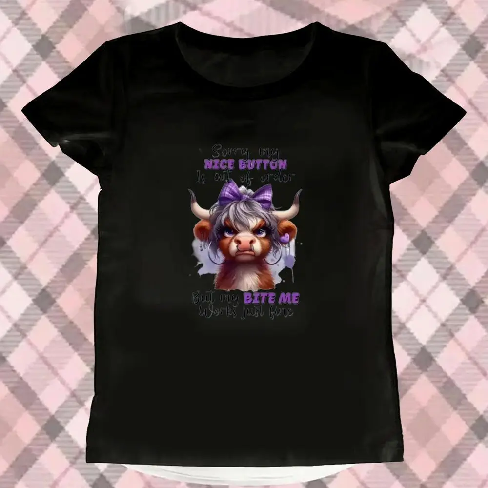 Funny Highland Cow Graphic T-Shirt Women Summer Short Sleeve Sorry My Nice Button Out of Order Print Vintage Y2k Female Tee Tops
