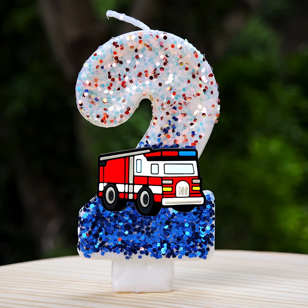 Glitzer-Pailletten Feuerwehrauto Zahlenkerze Cartoon-Feuerwehrauto Tortendekoration für Jungen Kindergeburtstag Babyparty Themen-Dekoration – Detail 3