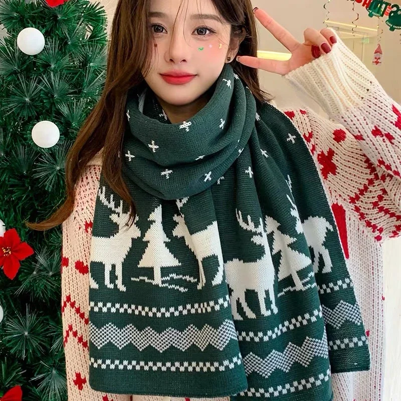 New Deer Mao Velvet Scarf Tree Knitted Scarf Female Autumn Winter Warm Versatile Student Couple Christmas Gift Green Wool Scarf