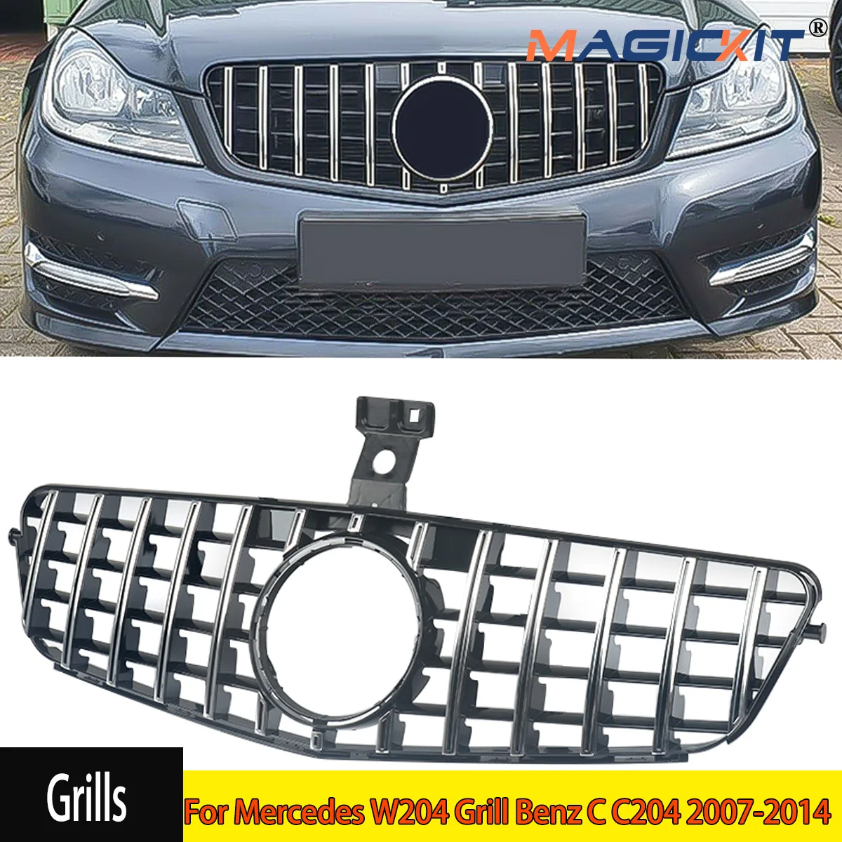 For Mercedes Benz W204 C250 C300 C350 GTR StyleFront Hood Grille Racing Bumper Grill Chrome +Black Tuning CAR Accessories