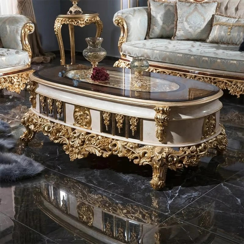 Set Pearl Gold Gilded Carved Wood Sofa Set Luxury Turkish Style Sofa  with Coffee Table for Royal Villa Palace Interior