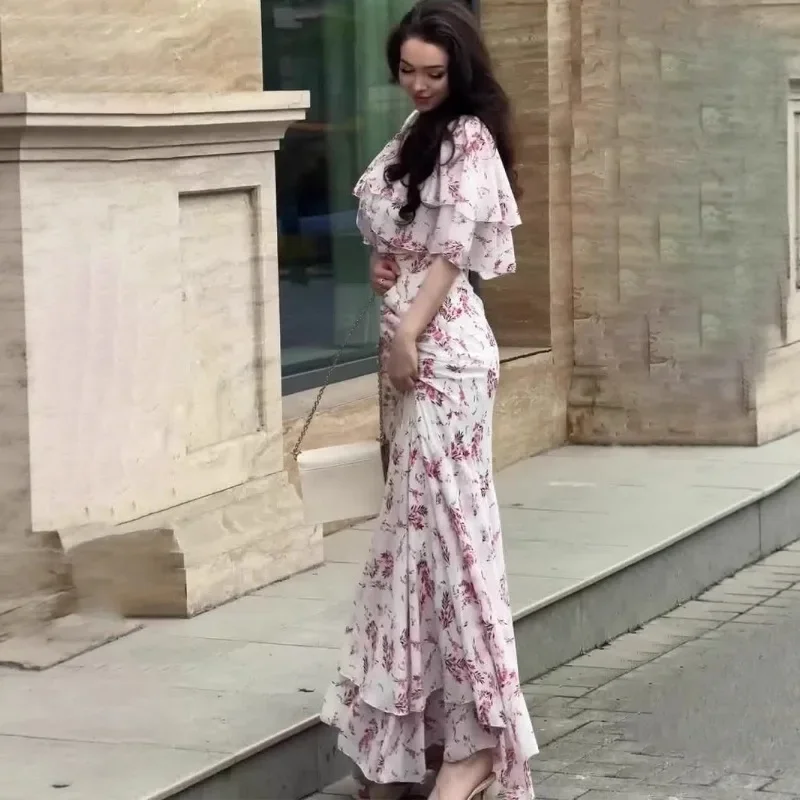 2025 ฤดูใบไม้ผลิใหม่ดอกไม้นุ่มแขนสั้นสบายชุดยาวอารมณ์สง่างามชุดผู้หญิง S9248