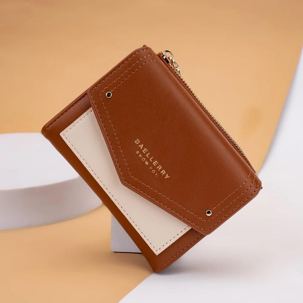 New Contrast Color Fashion Wallets for Women Leather Coin Purse Short Wallet Ladies Girls Card Holder Brown Clutch Money Bag