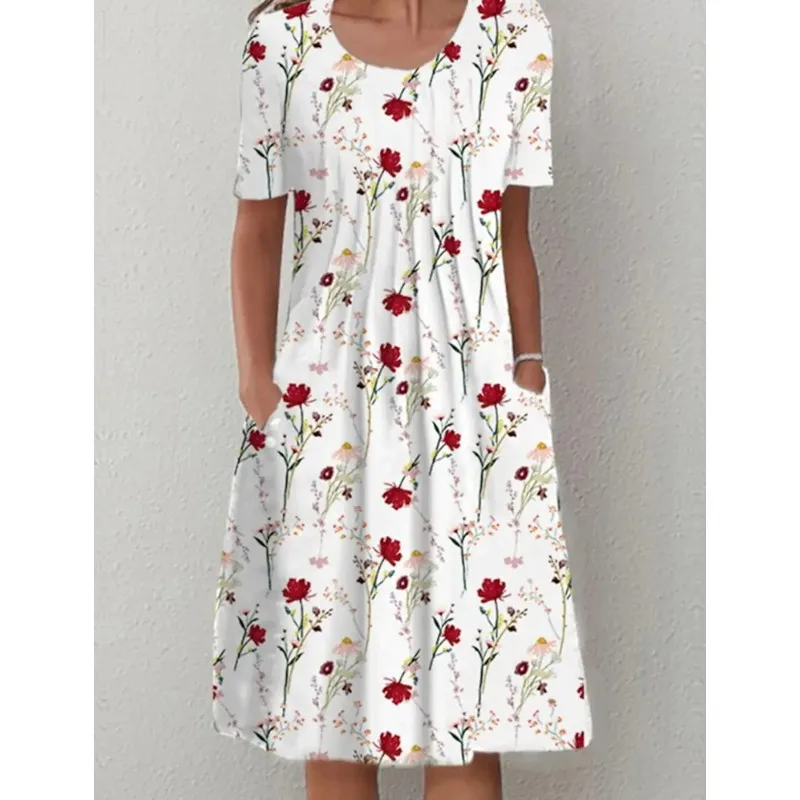 2025 primavera verão vestido feminino moda casual confortável férias floral impressão o-pescoço bolso vestidos de comprimento médio