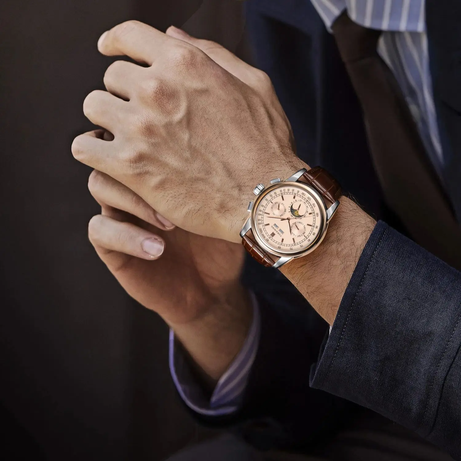 Forsining Retro Mechancial Watches Moon Phase Brown Leather Strap  Rose Gold Case Luxury Brand Business Automatic Mens Watches