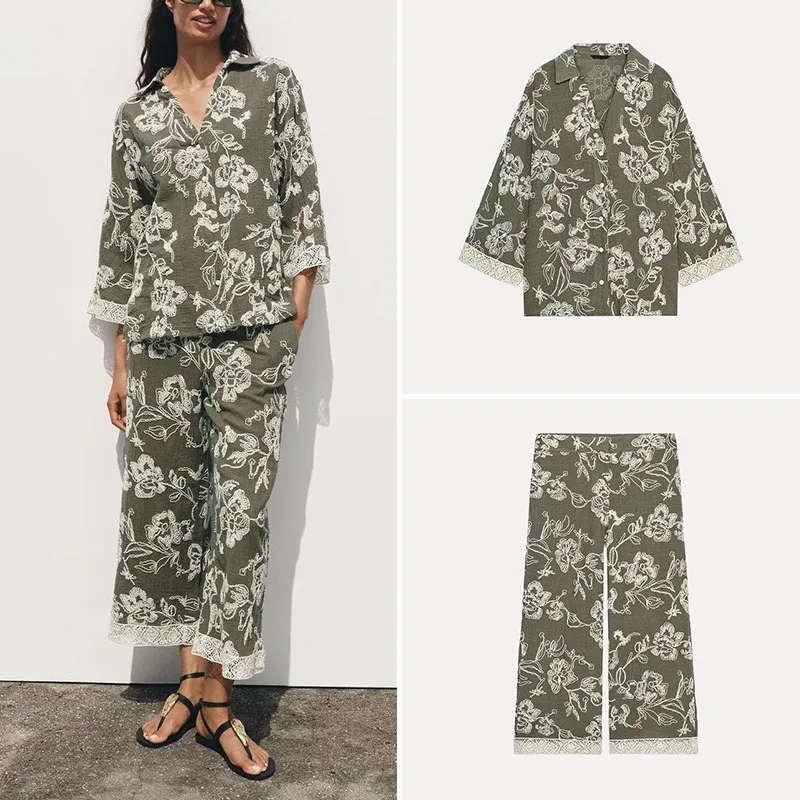 

Новинка весны 2024, женские длинные брюки с кружевными манжетами и вышивкой Z, комплект Faion из полиэфирного волокна