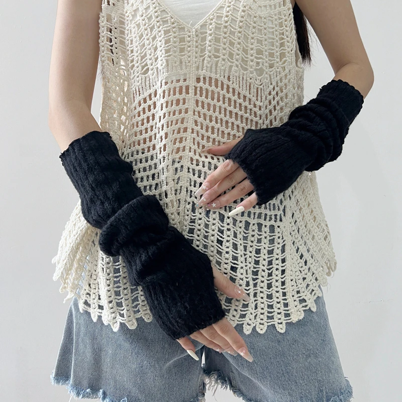 الخريف الشتاء المرأة طويلة الذراع كم محبوك مطاطا أصابع قفازات طالب الذراع أدفأ كومة القفاز تأثيري التبعي