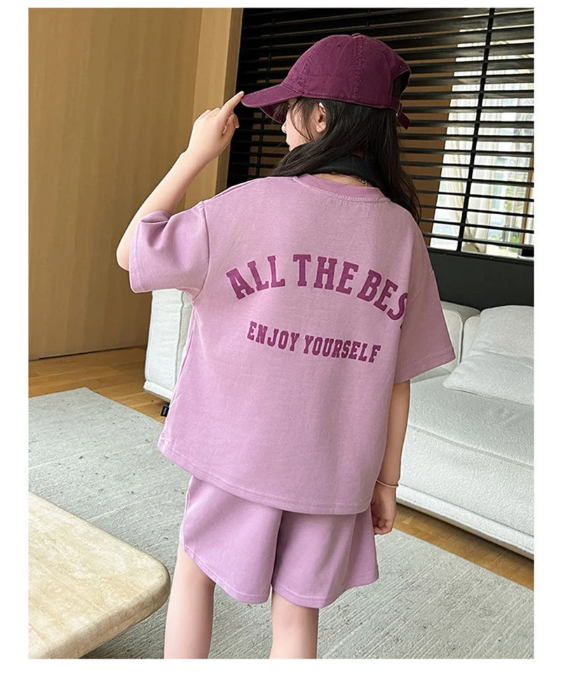Summer Girls Casual Sets Teenage Sport T-Shirts+Shorts 2 Pcs Outfits Kids Short Sleeve Top Bottom Tracksuits Suits 5-14 Years
