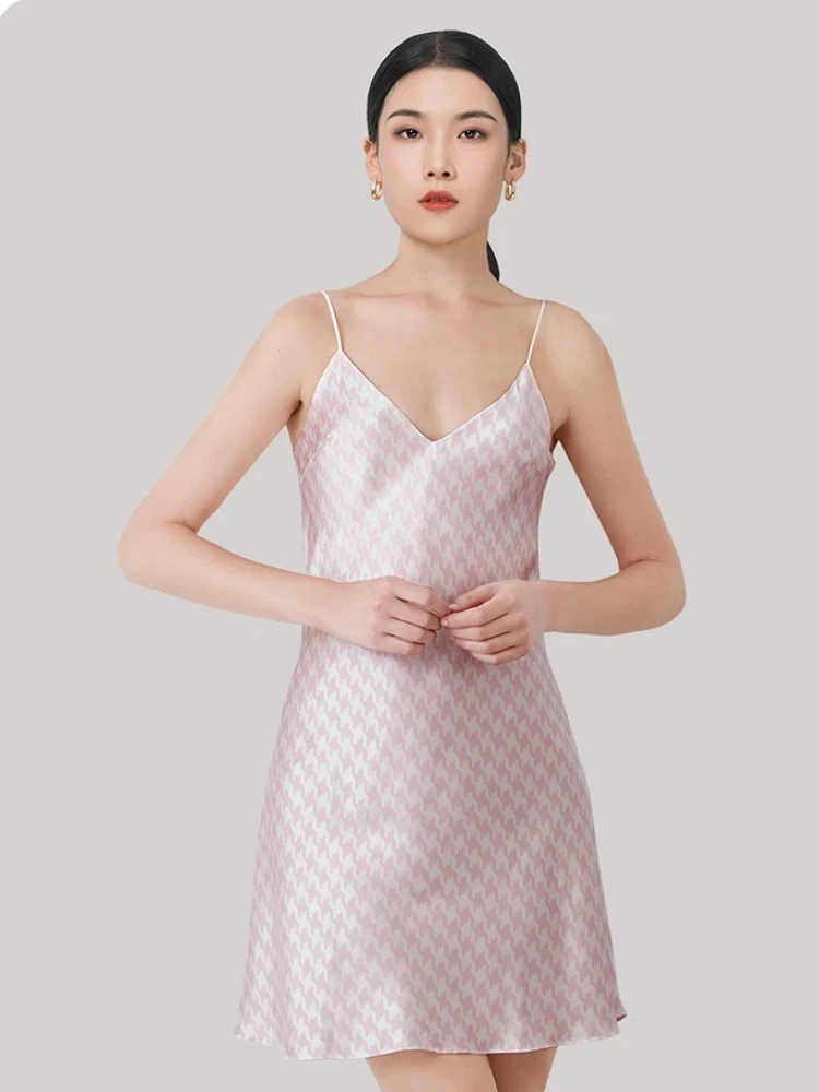 Premium Houndstooth Silk Chemise Heavyweight 19MM 100% Mulberry Silk Nightdress Cami Pajama Versatile Slip Dress for Night & Day