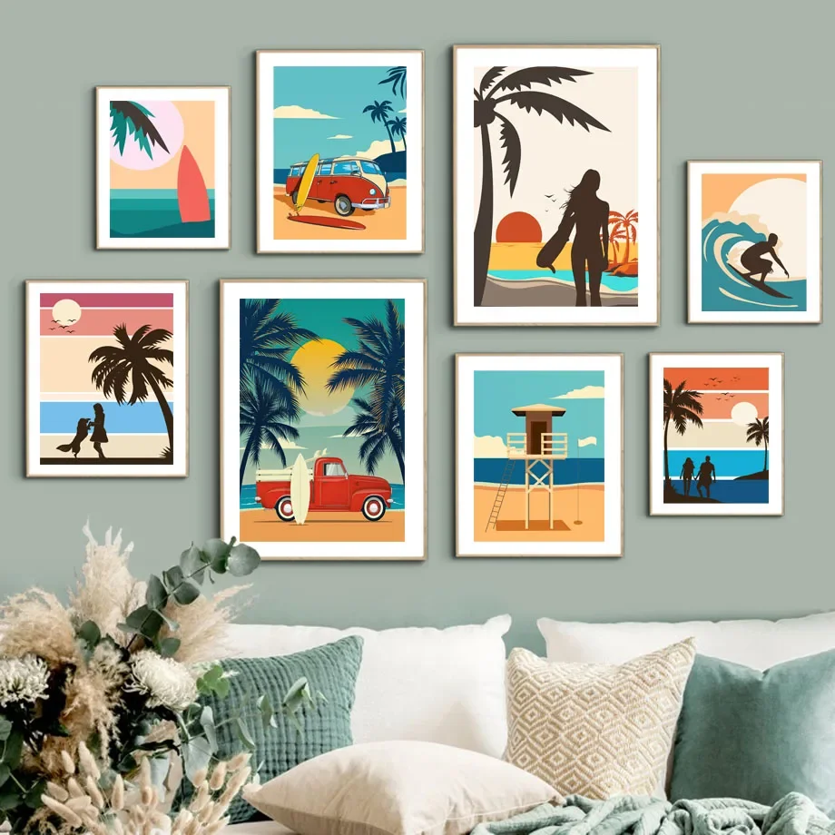 

Abstract Beach Surf Van Surfboard Palm Tree Nordic Posters And Prints Wall Art Canvas Painting Pictures For Living Room Decor