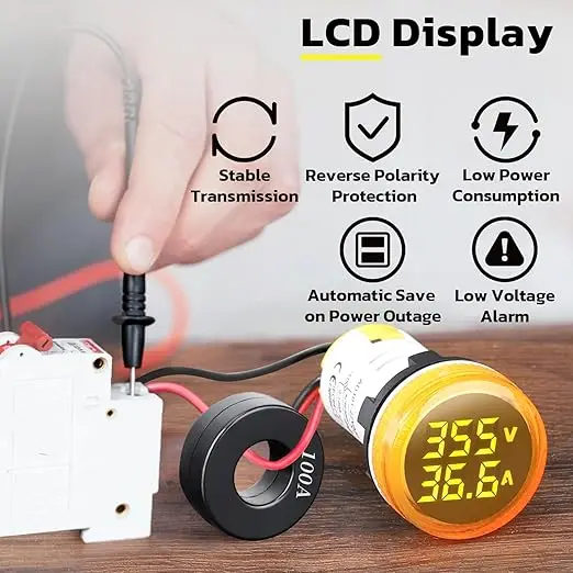 

GEYA Industrial Grade Round Mini LED Digital Voltmeter Ammeter - AC 50-500V 0-100A Dual Indicator Pilot Lamp Tester