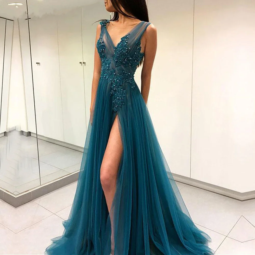 

LZPOVE Elegant Evening Dresses O Neck Sleeveless Sexy High Split Backless Party Dresses with Lace Appliques A-Line Prom Dress