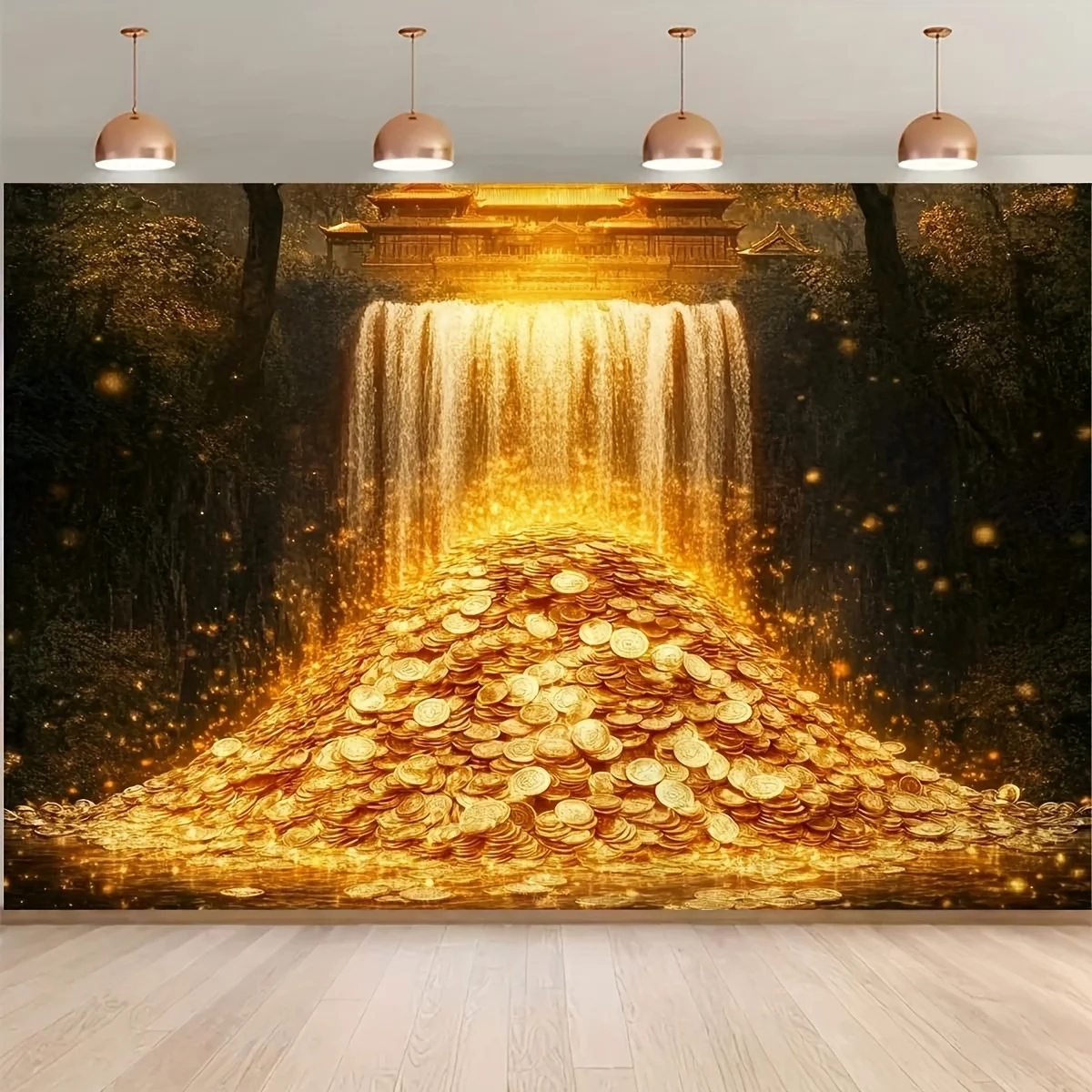 1 Stück goldener Münz-Wasserfall-Fotohintergrund – Hergestellt aus strapazierfähiger Polyesterfaser, mit einem glänzenden Muster auf der Oberfläche