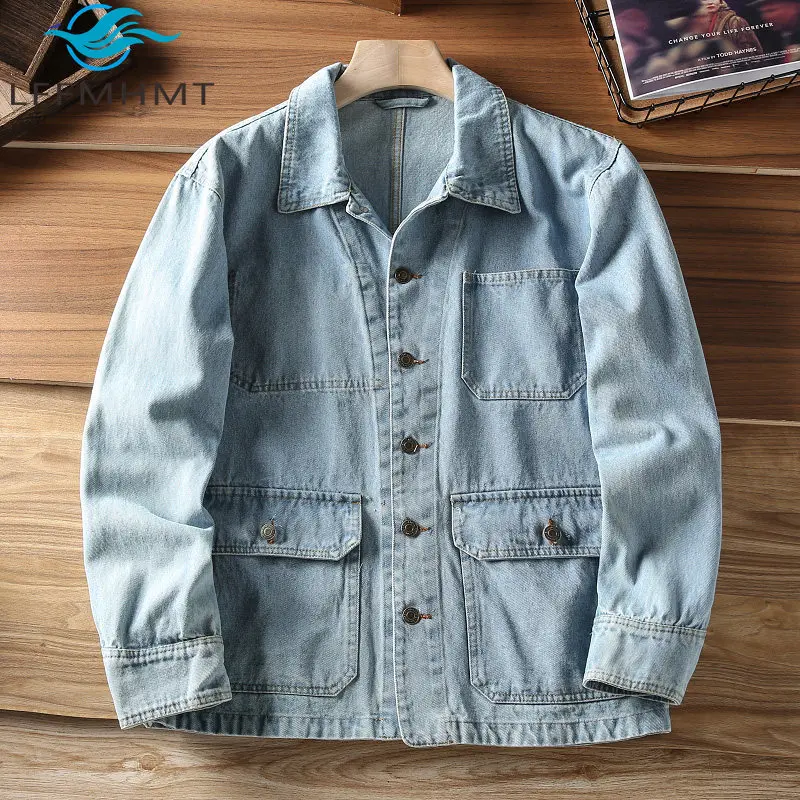 Men Washed Distressed Multi Pocket Denim Jacket Lapel Collar Loose Streetwear Workwear Rugged Layering Fall Outerwear