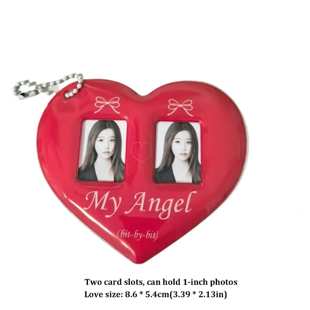 Creative Love Heart Photocard Holder 2 Slots 1 inch Card Holder with Keychain Cute Idol Photo Protective Cover for Girls