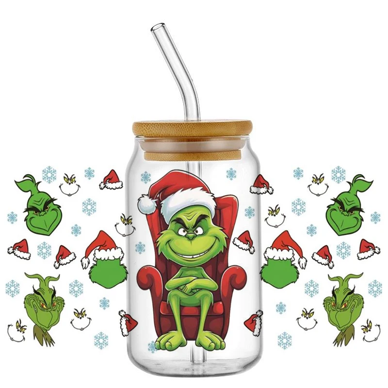 Green Ghost Monster Christmas Theme 160Z UV DTF Cup Wraps Transfer Stickers For Glass Libbey Can Bottle Selfadhsive DIY Decals