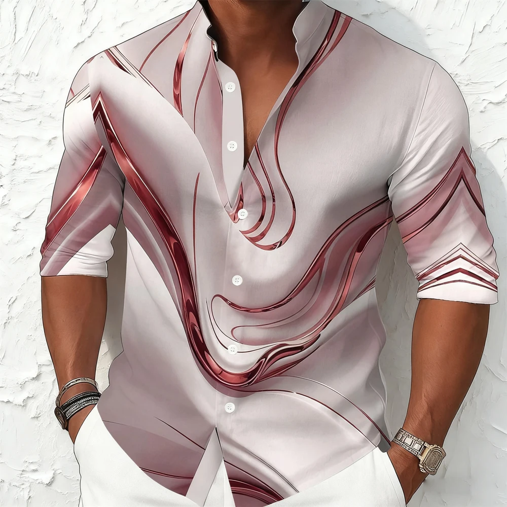 Men's Retro Stand Collar Gradient Natural Pattern 3D Printed Shirt Men's Spring and Autumn Long Sleeve Business Casual Outdoor