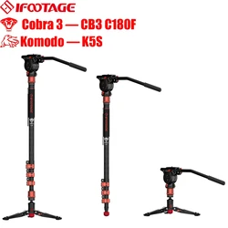 IFOOTAGE 코브라 3 C180F + 코모도 K5S 71 인치 탄소 섬유 모노포드, 유체 헤드, 휴대용 여행 모노포드, 발 최대 하중 17.64 lbs