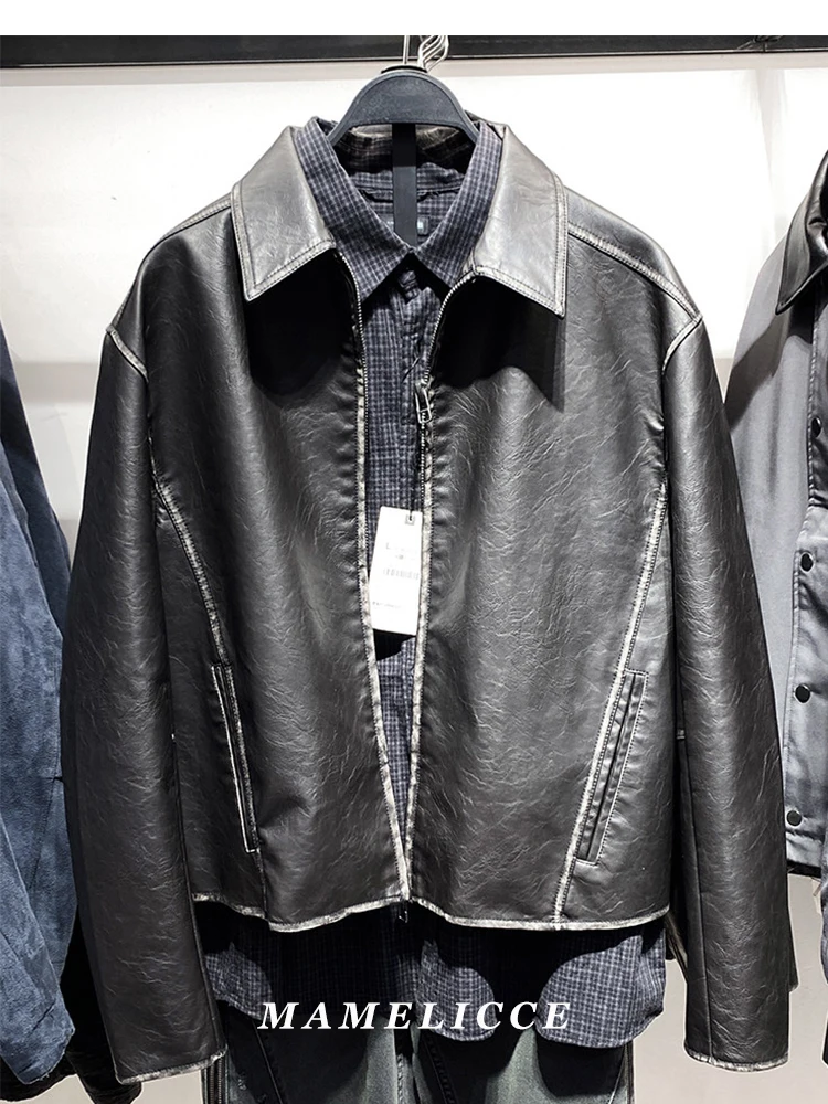 MAMELICCE Original design Washed faux leather short-collared minimalist leather jacket with distressed PU coat Men's clothing