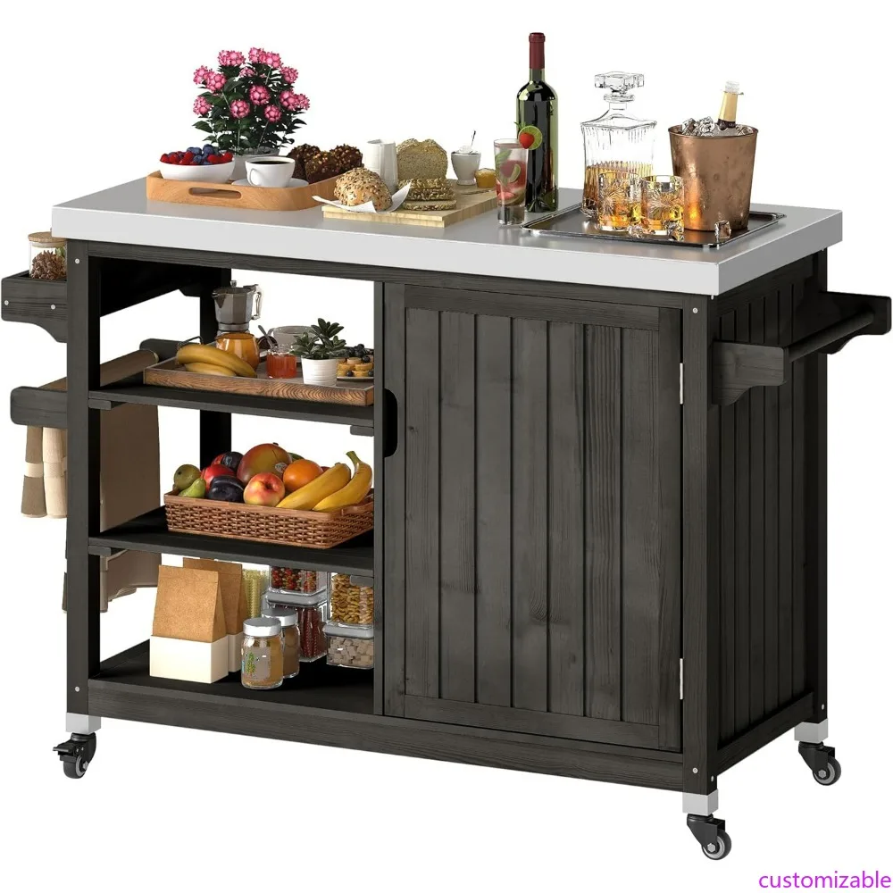 

Outdoor Kitchen Cart with Solid Wood and Stainless Steel Top, Storage Cabinet Grill Table for Patio