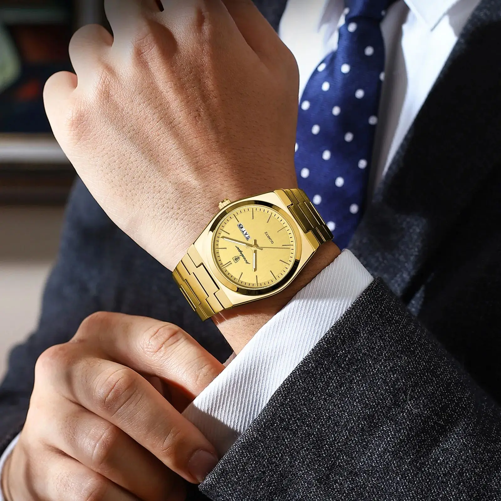 POEDAGAR ساعة رجالية كلاسيكية عصرية مقاومة للماء ومضيئة للتاريخ والأسبوع ساعة رجالية فاخرة من الفولاذ المقاوم للصدأ كوارتز ساعات رجال الأعمال