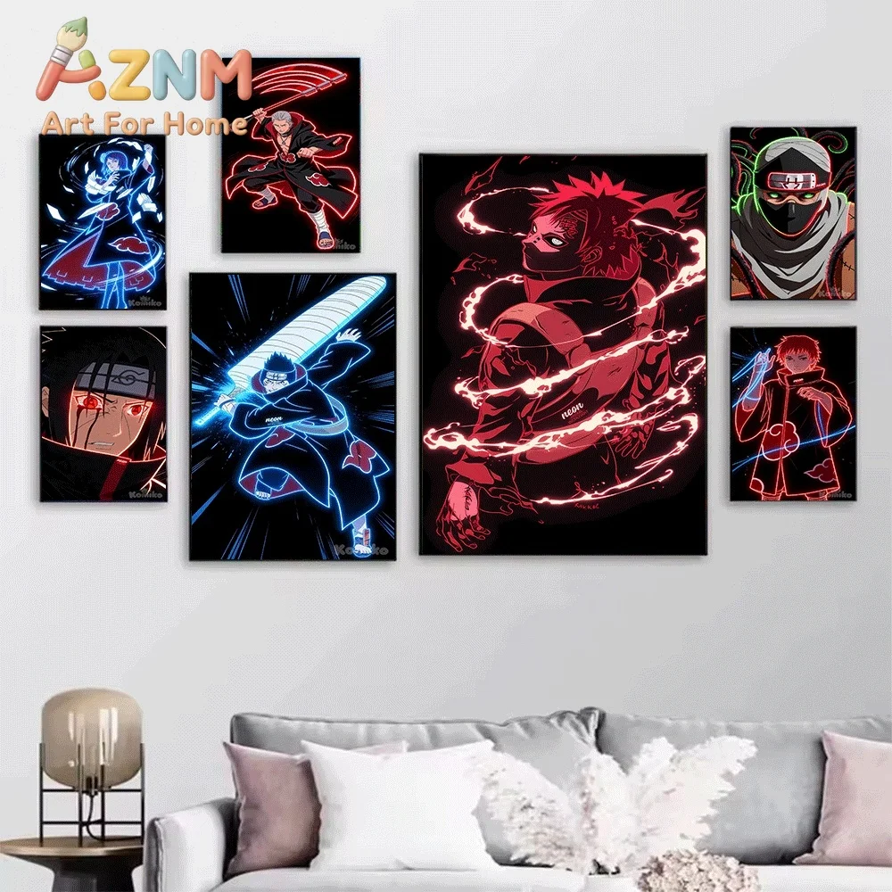 Neon Line Akatsuki Naruto Anime Canvas Wall Art, Glowing Villain Character Art Print, Unframed Canvas Painting for Bedroom Liv