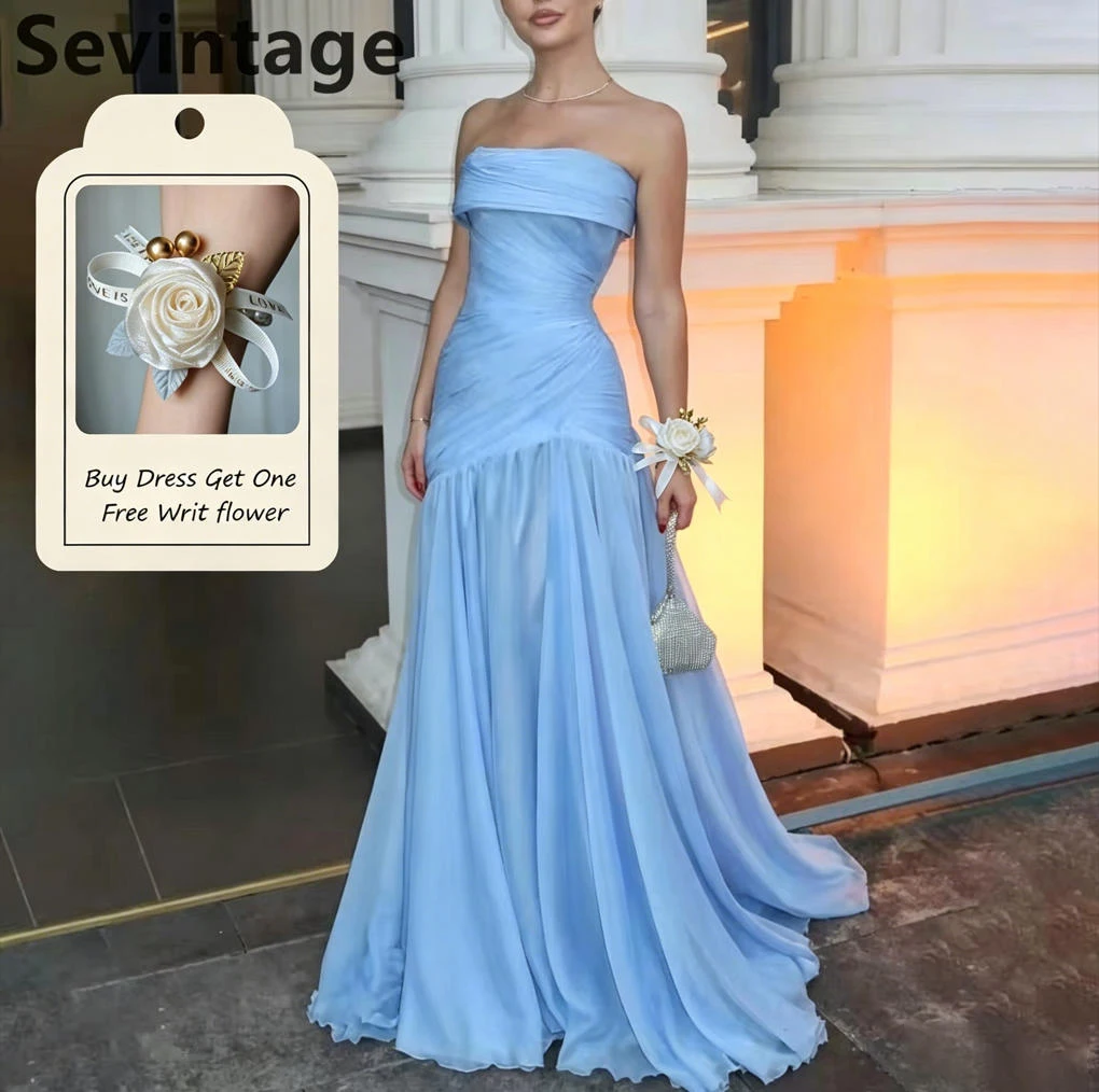 Eightale 2025, himmelblaues A-Linie-Chiffon-Maxi-Abendkleid, trägerlos, plissiert, saudi-arabisches Abendkleid, Dubai-Partykleid, individuell gestaltet