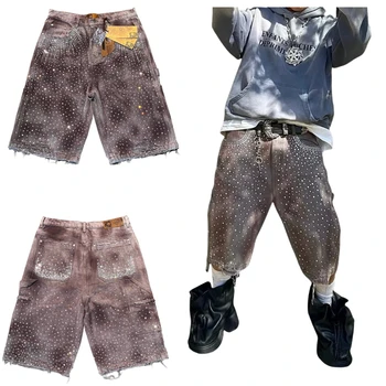 Pantaloncini Y2k da uomo retrò hip-hop con strass modello Harajuku moda pantaloncini da basket da palestra larghi pantaloni sportivi casual gotici streetwear