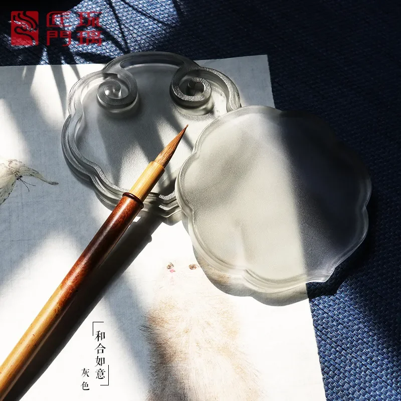 Glazed Ceramic Inkstone Box with Lid Traditional Chinese Calligraphy Writing Tool Ruyi Pattern Desk Accessory for Study Room