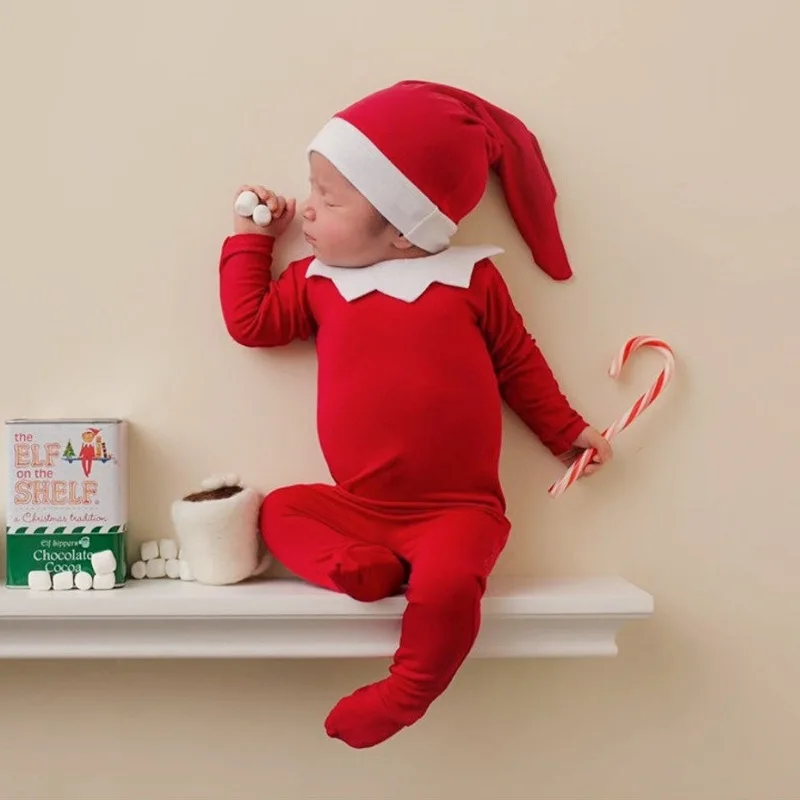 Newborn Christmas photography suit baby Christmas theme red jumpsuit photography suit set sesion fotografía bebé  신생아사진