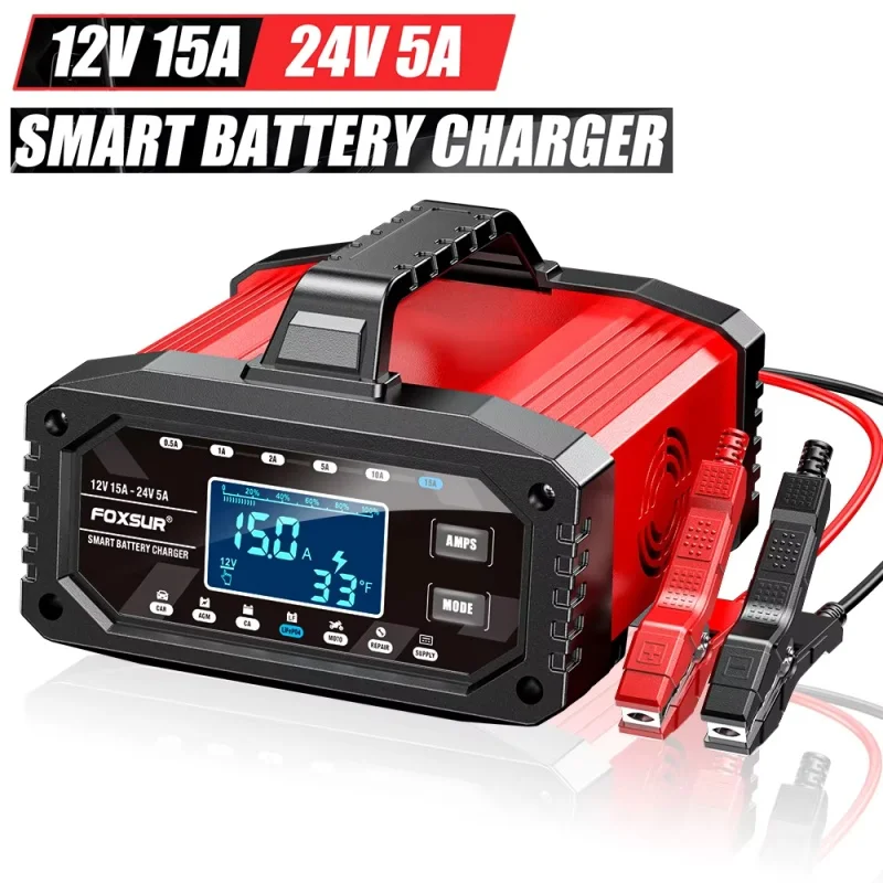 DWiusty Caricabatterie intelligente per auto 12V/24V 15A con mantenitore automatico, caricabatterie a impulsi per batterie AGM, GEL, al piombo e LiFeP