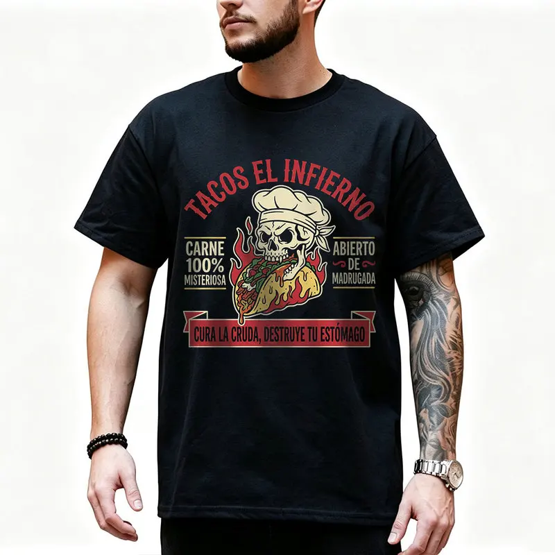 Demonstrative skeletal skull Tacos Mexican  Food Graphic T Shirt Retro Dark Humor Mexican Culture Halloween Alternative Art
